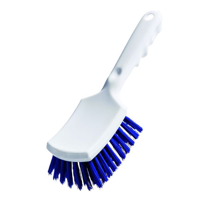 Perie de curățare cu mâner scurt, albă, păr dur albastru, dimensiuni 260x72x55 mm