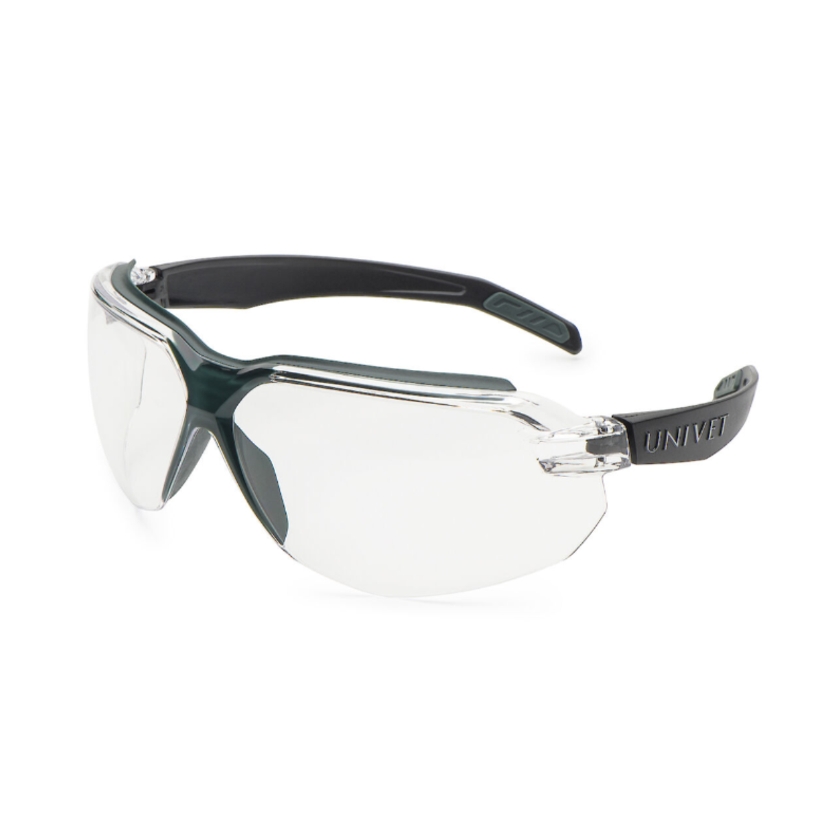Ochelari de protecție cu lentile transparente din policarbonat, protecție UV380 și tratament anti-aburire.