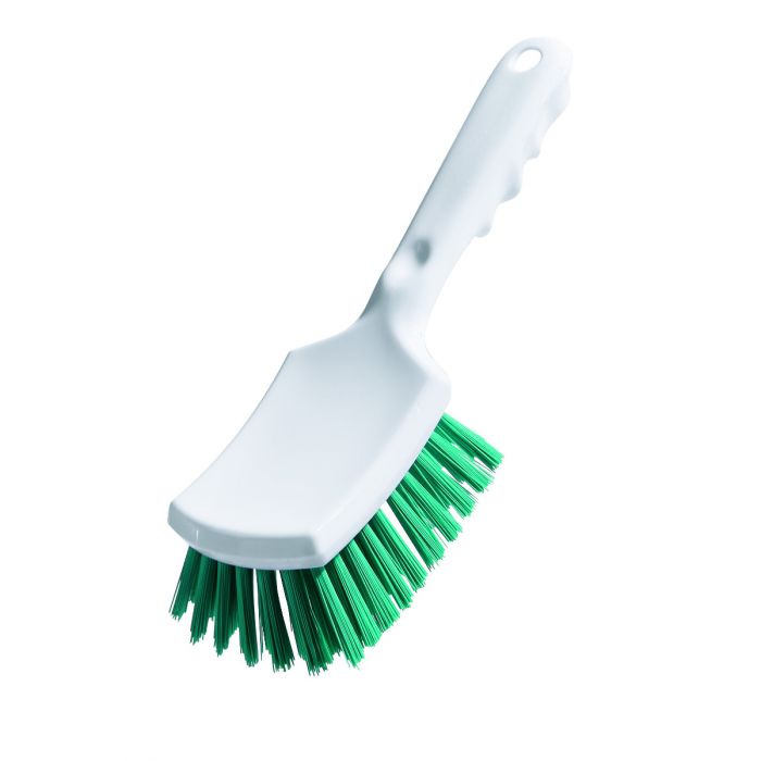 Perie de curățare cu mâner scurt, albă, păr dur verde, dimensiuni 260x72x55 mm