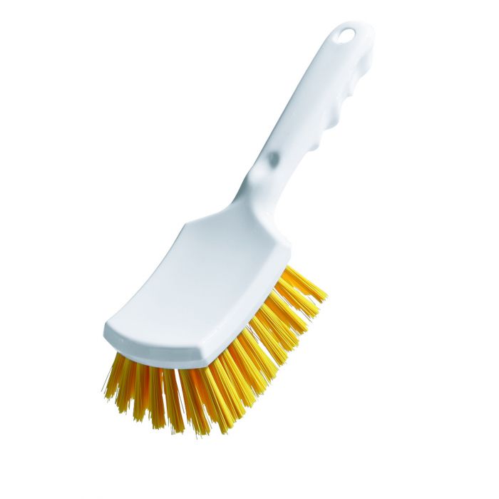 Perie de curățare cu mâner scurt, albă, păr dur galben, dimensiuni 260x72x55 mm