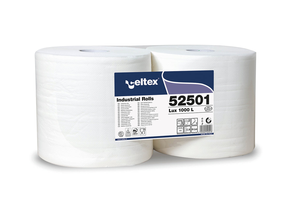 Lavete industriale albe, 100% celuloză pură, 1000 porții/rolă, 375 m