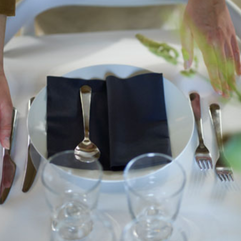 Șervețele Bio Dunisoft negre utilizate într-un decor de masă elegant