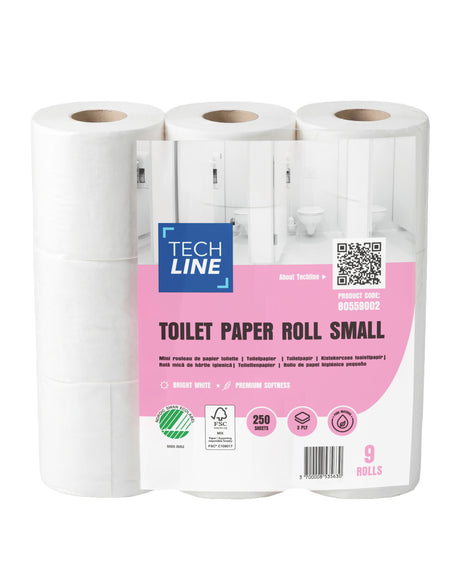 Techline hârtie igienică din celuloză, 3 straturi, 250 porții pe rolă, bax cu 9 × 8 pachete