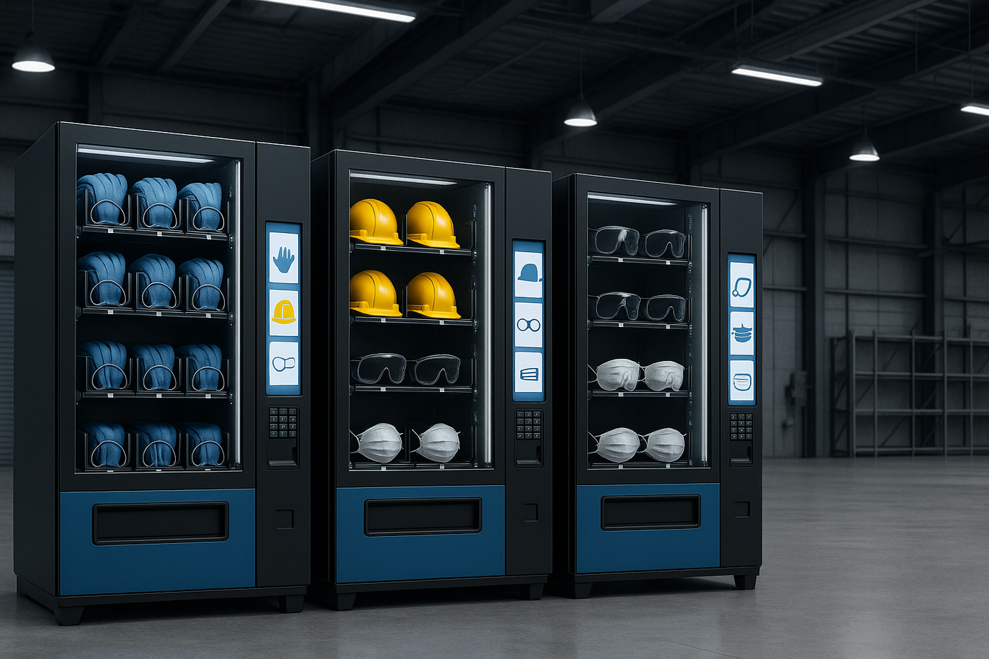 header banner with vending machines for protective equipments (like gloves, etc). industrial background