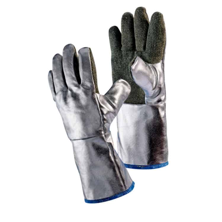 Manusi termoizolante din tesatura aramidica aluminizata pentru protectie impotriva caldurii radiante si de contact.
