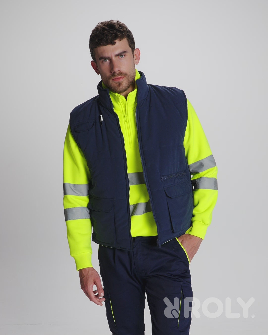 Vestă reversibilă HI-VIS Persei cu multe buzunare, galben/bleumarin