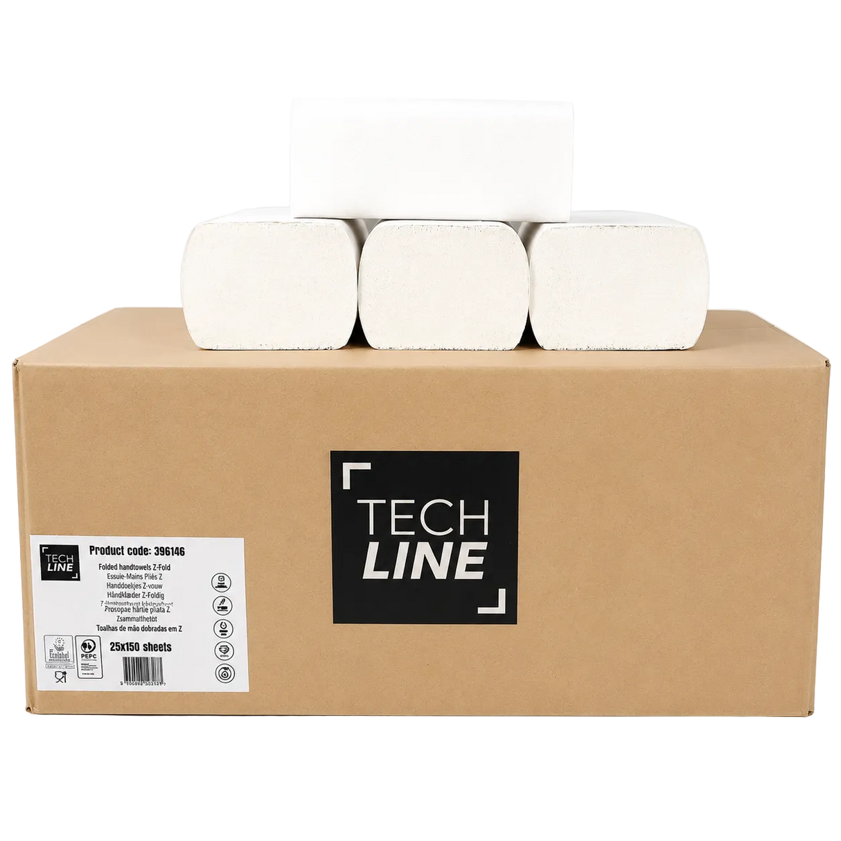 Techline prosop mâini Z-Fold din celuloză, 2 straturi, dimensiune 24 × 20 cm, 25 × 150 foi per bax