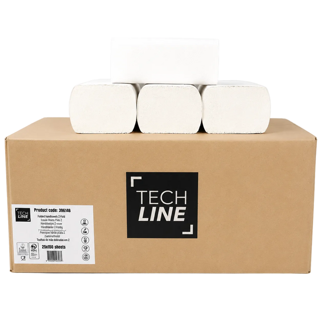 Techline prosop mâini Z-Fold din celuloză, 2 straturi, dimensiune 24 × 20 cm, 25 × 150 foi per bax