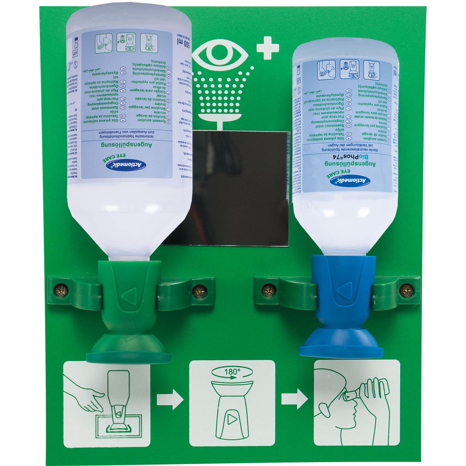 Stație de spălare a ochilor Actiomedic Double II, 500 ml soluție 0,9% clorură de sodiu și 250 ml BioPhos74