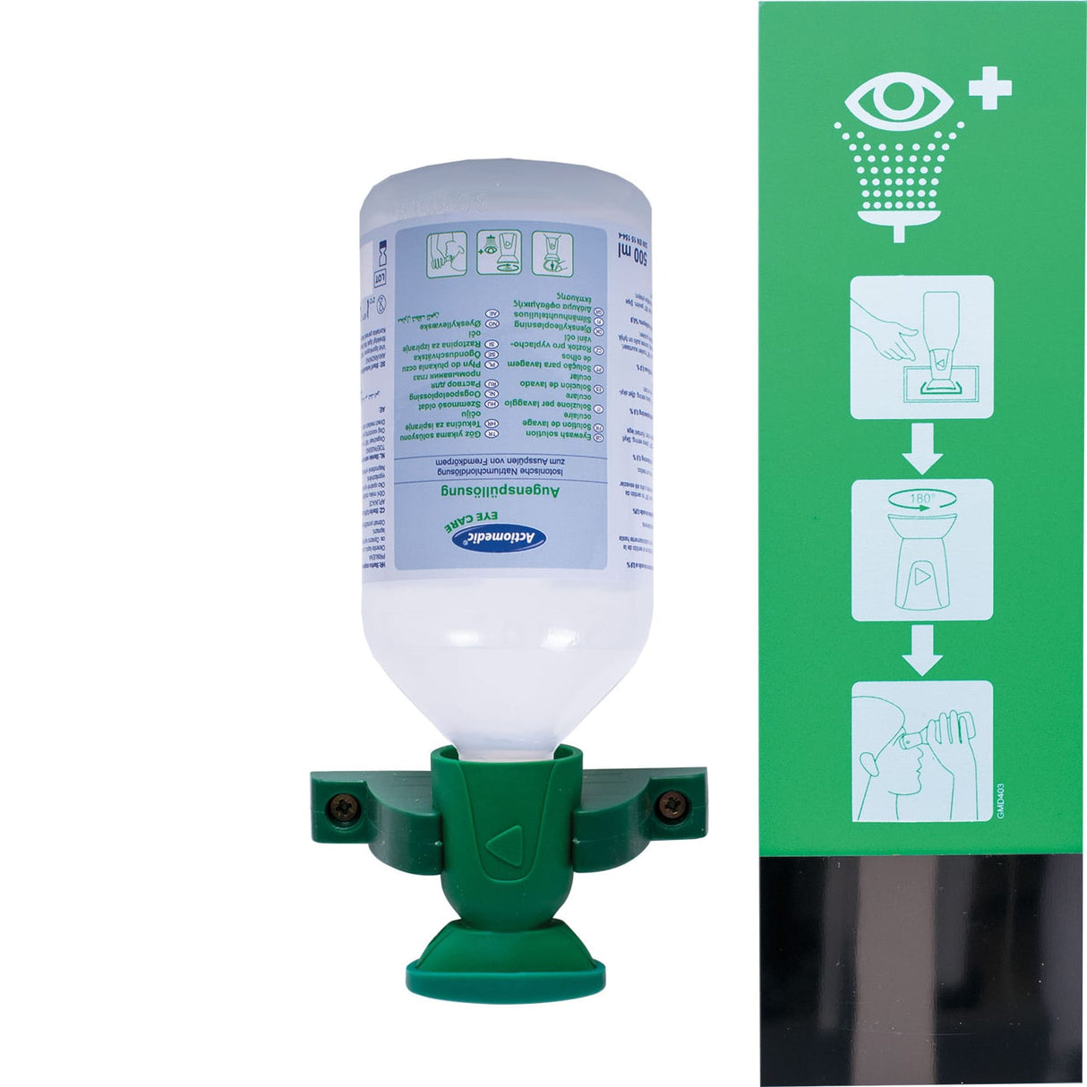 Stație de spălare a ochilor pentru perete Actiomedic cu soluție sterilă de 0,9% clorură de sodiu, 500 ml